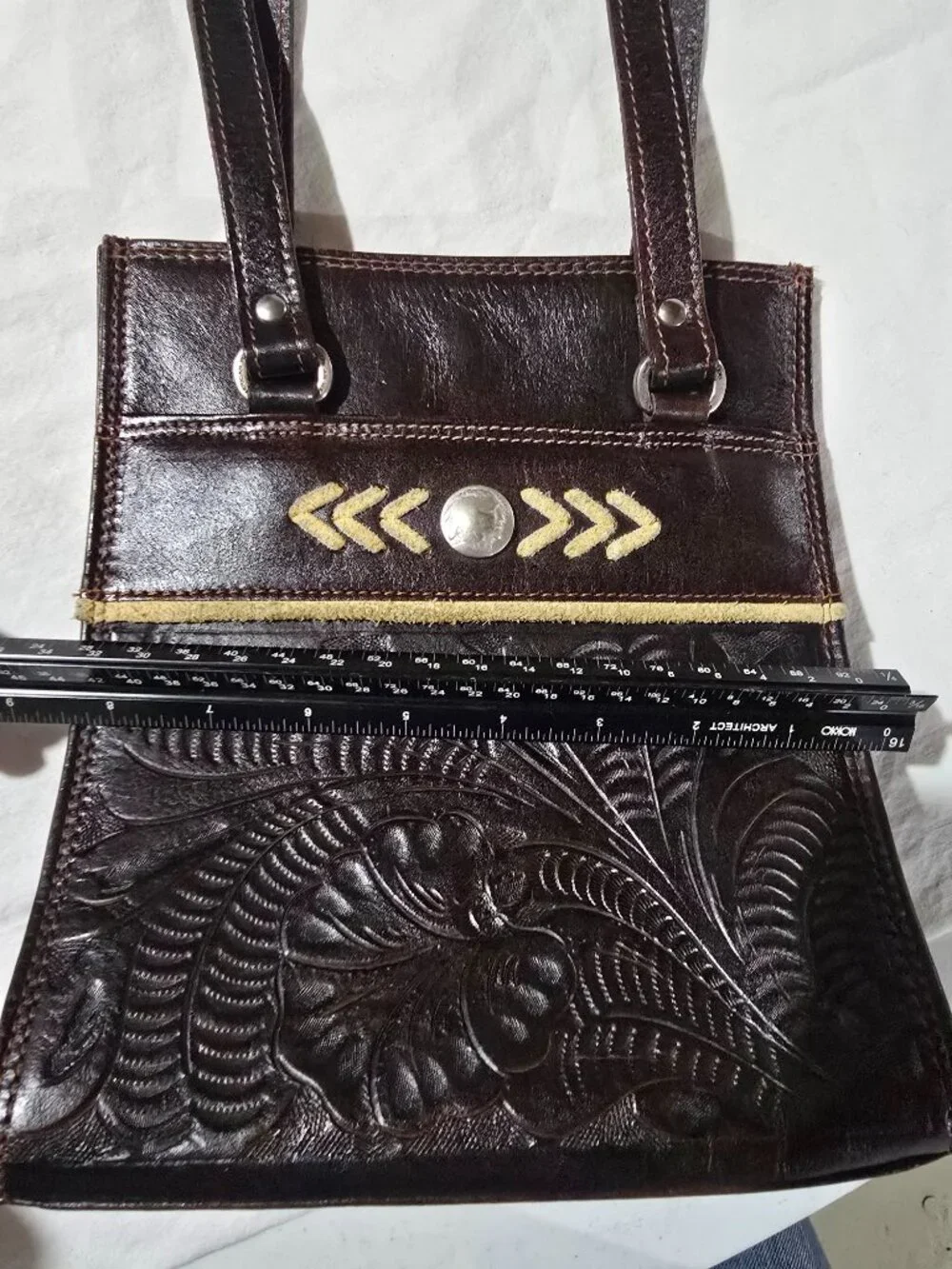 American West Brown Tooled Leather Shoulder Bag Vintage Buffalo Nickel Accent